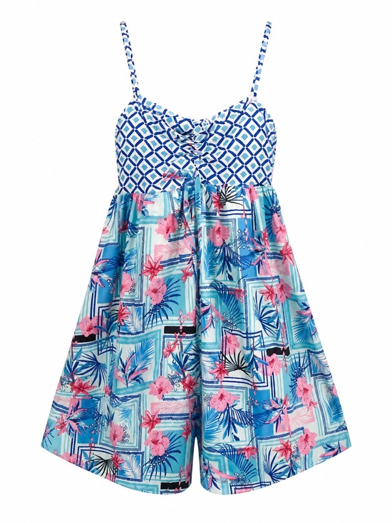 DAVI & DANI Dresses & Skirts - DAVI & DANI Blue and Pink Geometric Tropical Romper